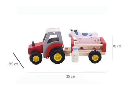 WOODEN TRACTOR WITH FARM ANIMAL RED
